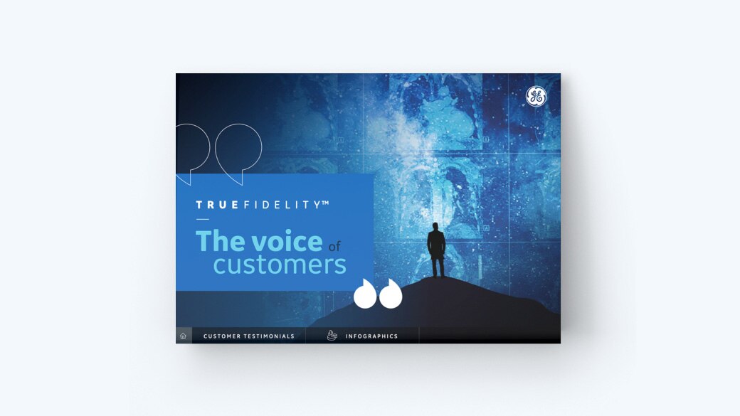 Man standing on hill with blue background and "the voice of customers" printed on image 