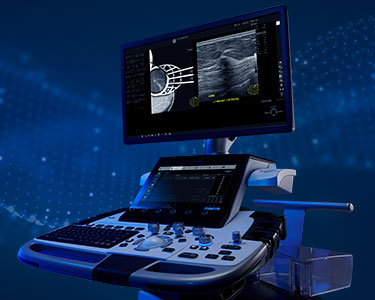 LOGIQ E10 ultrasound system showing clinical images of the breast on monitor 