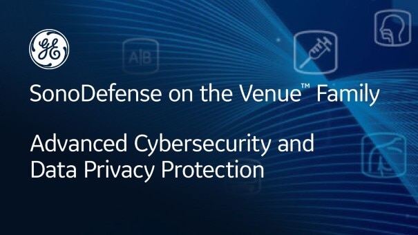 Blue graphic that reads SonoDefense on the Venue Family Advanced Cybersecurity and Data Privacy Protection