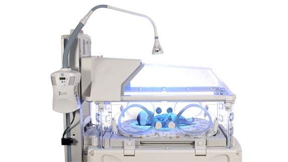 GE Healthcare Phototherapy incubator with infant